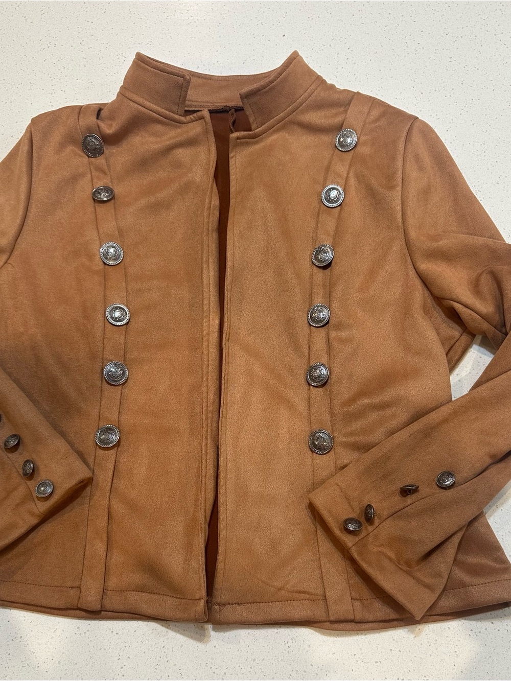 Women's Brown Military-Style Button Jacket FITS LIKE AN XL- suede feel.